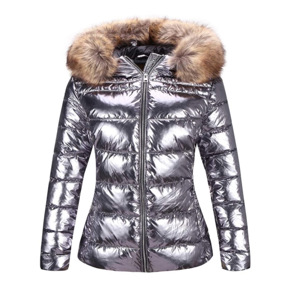 Lightweight Puffer Jacket Warm Coat Hooded with Fur Collar Silver